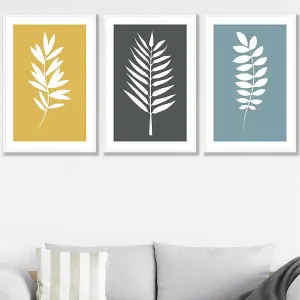 Set of 3 Framed Yellow, Grey, Blue Graphical Leaves Wall Art Prints / 50x70cm / White Frame