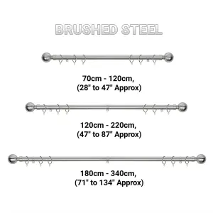 A.Unique Home Plain Round Ball Metal Extendable Curtain Pole with Rings and Fittings (25/28mm) - Brushed Steel, 120cm-220cm Approx