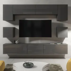 Panorama Wall TV Unit Dark Grey with High Gloss Doors and LED Lighting - Creative Furniture