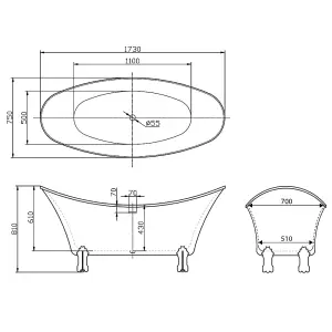 Arlene Traditional Freestanding White Acrylic Bath with Chrome Feet (L)1730mm (W)750mm