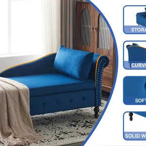 Velvet Upholstered Chaise Lounge Sofa with Storage with Pillow for Living Room, Bedroom and Office, Right Armrest, Blue