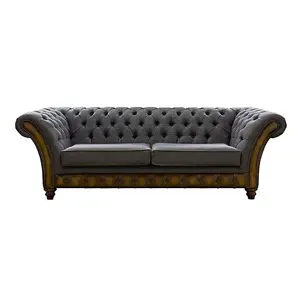 Chesterfield 3 Seater Sofa Antique Gold Leather Marinello Pewter Fabric In Jepson Style