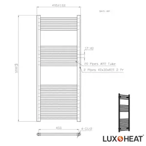 Towel Radiator Rail 1200 x 500 for Central Heating with Black Finish