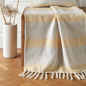 Reva 100% Cotton Bedspread Throw Woven Stripes With Tasselled Edges