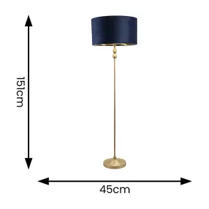 ValueLights Maggie Gold Candlestick Floor Lamp with Navy Blue Velvet with Gold Inner Lamp Shade and LED Bulb