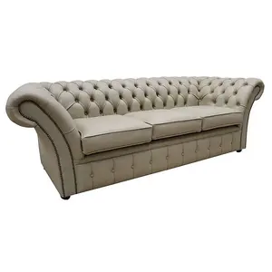 Chesterfield 3 Seater Sofa Shelly Pebble Real Leather In Balmoral Style