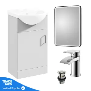 Gloss White 450mm Floor Standing 1-Door Vanity Unit & Round Basin with Round Chrome Tap and Black Framed Mirror