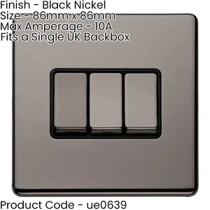 5 PACK 3 Gang Triple Light Switch SCREWLESS BLACK NICKEL 2 Way 10A Slim Rocker