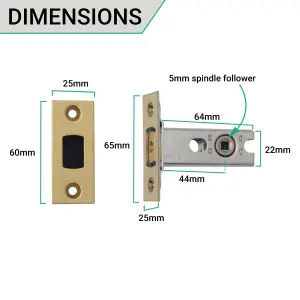 EAI Tubular Bathroom Deadbolt - 64mm Case - 44mm Backset - Polished Brass