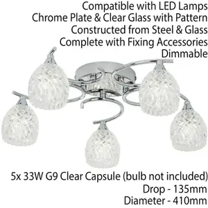 Semi Flush Ceiling Light Chrome Textured Glass 5 Bulb Hanging Pendant Lamp Shade