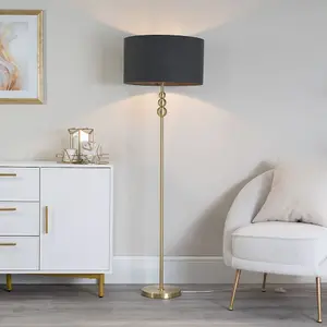 ValueLights Marissa Gold Stacked Ball Floor Lamp with Charcoal Grey Drum Shade