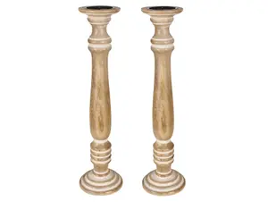 SET OF 2 Rustic Antique Carved Wooden Pillar Church Candle Holder, Beige,XX Large Large 63cm