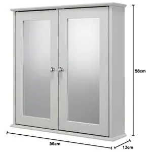 URBNLIVING Height 58cm FlexiFix Ashby Grey Wooden Double Door Mirror Bathroom Storage Cabinet