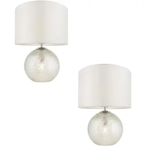 2 PACK Clear Prism Glass Twin Lit Table Lamp Light & Vintage White Fabric Shade