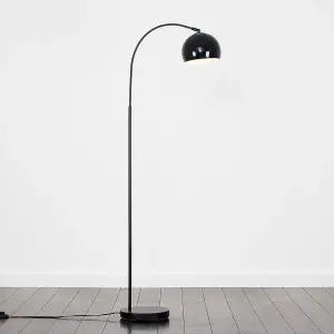 ValueLights Style Black Curved Stem Floor Lamp With Gloss Black Arco Style Metal Dome Light Shade With LED GLS Bulb in Warm White