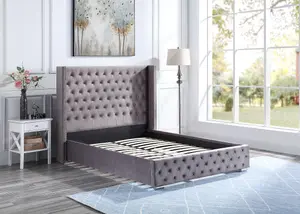 Brushed Velvet Upholstered King Bed Frame With Tall Winged Headboard