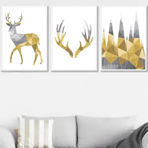 Set of 3 Geometric Yellow Grey Stags Set Wall Art Prints / 50x70cm / White Frame