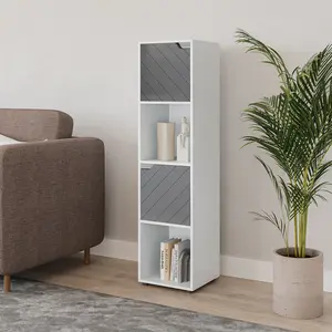 URBNLIVING 119cm Height White Wooden Cube Bookcase with Grey Line Door Display Shelf Storage Shelving Cupboard