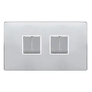 Polished Chrome Screwless Plate 10A 4 Gang 2 Way Ingot Light Switch - White Trim - SE Home