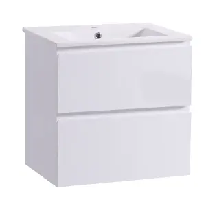 SunDaze 600mm Gloss White 2 Drawer Hung Cabinet Vanity Unit Ceramic Basin Bathroom Furniture