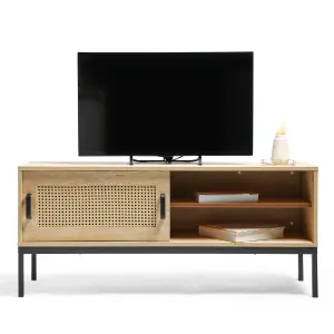 VonHaus Rattan TV Unit - Light Wood Effect TV Cabinet - Entertainment Unit w/Storage Cupboard & 2 Open Shelves for TV's up to 55"