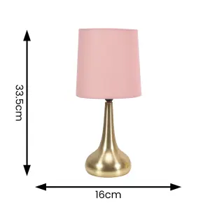 Pair - Brushed Gold Teardrop Touch Dimmer Table Lamps with Blush Pink Shade Bedside Light - LED Bulbs Included