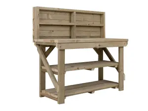 Indoor/outdoor workbench pressure treated station (H-90cm, D-64cm, L-150cm) with back panel and double shelf