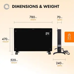 Devola Designer 2kW Smart Glass Panel Heater with Timer Black - DVPW2000B