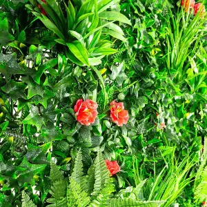 Primrose Artificial Mixed Plants Red Rose Green Wall Hedge Panel 1m x 1m