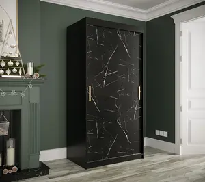 Compact Black Geneva T Sliding Door Wardrobe W1000mm H2000mm D620mm - Sleek Design, Gold Handles, Efficient Storage