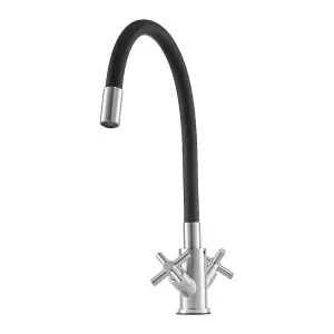 G1/2 Flexible Silicone Dual-Handle Kitchen Faucet Mixer Tap Pull-down Sprayer Black Faucet