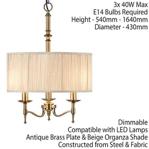 Avery Ceiling Pendant Chandelier Light 3 Lamp Antique Brass & Beige Round Shade