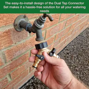 Premium Dual Tap Brass Connector Set with 2 premium Hose end Connectors-Hozelock Compatible Durable 2 Way Brass Connector Splitter