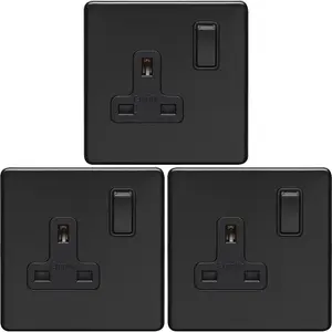 3 PACK 1 Gang DP 13A Switched UK Plug Socket SCREWLESS MATT BLACK Wall Power