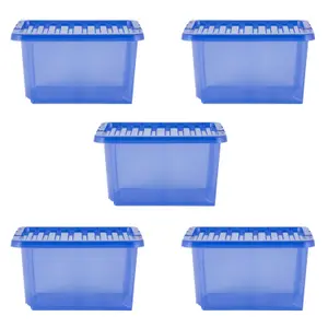 Wham Crystal 5x 28L Plastic Storage Boxes with Lids. Small Size, Strong . Made in the UK Tint Spectrum Blue