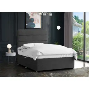 Harmony Divan Bed Set with Tall Headboard and Mattress - Chenille Fabric, Charcoal Color, 2 Drawers Left Side