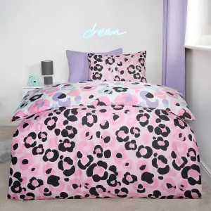 Leopard Reversible Duvet Cover Set Quilt Pillowcases Bedding, Pink - Double