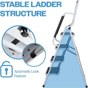 4 Step Safety Stepladder - White Foldable Ladder with Wide Non-Slip Treads, Safety Handrail & Rubber Ferrules - H159 x W53 x D84