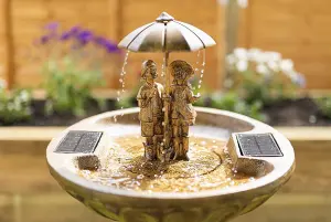 Solar Powered Boy & Girl Umbrella Water Fountain Rustic Traditional Water Feature