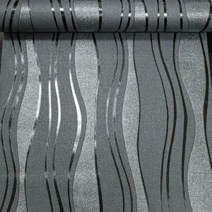 Charcoal Grey Black Glitter Textured Paste the Wall Wallpaper Vinyl Wave Stripe