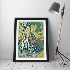 Hokusai Kirifuri Waterfall Picture Japanese - Single Picture Frame Painting on Canvas Black Frame / 64cm H x 47cm W x 2cm D 