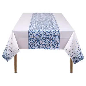 White Plastic Tablecloth, Sky Blue Polka Dot Printed Waterproof Table Cover - 54"x108"