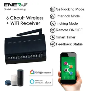 6 Gang Wireless Kinetic Switch, On/Off Wall Switch + 6 Circuit RF+WIFI Receiver Max load 16A x 2 + 10A x 4, 6 circuits