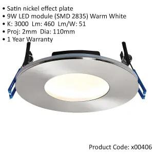 Satin Nickel Recessed Bathroom Downlight - 9W Warm White LED Slim Ceiling Light