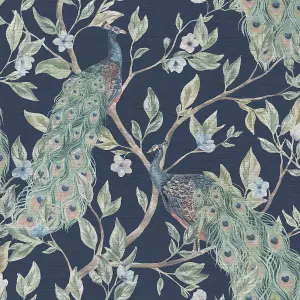 Keeka Peacock Bird Themed Vintage Wallpaper Navy Blue World of Wallpaper 946100