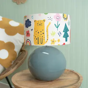 ValueLights Bosco Eucalyptus Ceramic Table Lamp with Doodle Drum Shade - LED Bulb Included