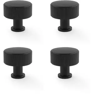 4 PACK - Round Reeded Door Knob - 35mm Diameter Matt Black Lined Cupboard Pull Handle