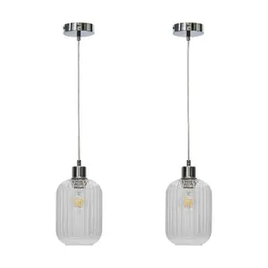 First Choice Lighting Set of 2 Batley Clear Ribbed Glass with Chrome Pendant Fittings