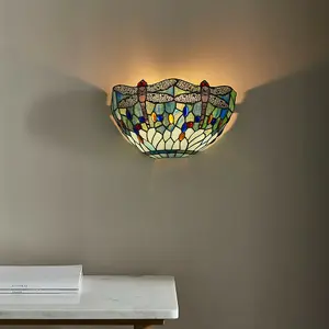 Tiffany Glass LED Wall Light - Dragonfly Design - Matt Black Finish - Dimmable