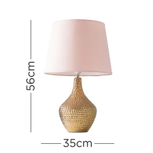 ValueLights Bailey Pair of Modern Metallic Gold Indent Textured Ceramic Table Lamps with Pink Shades